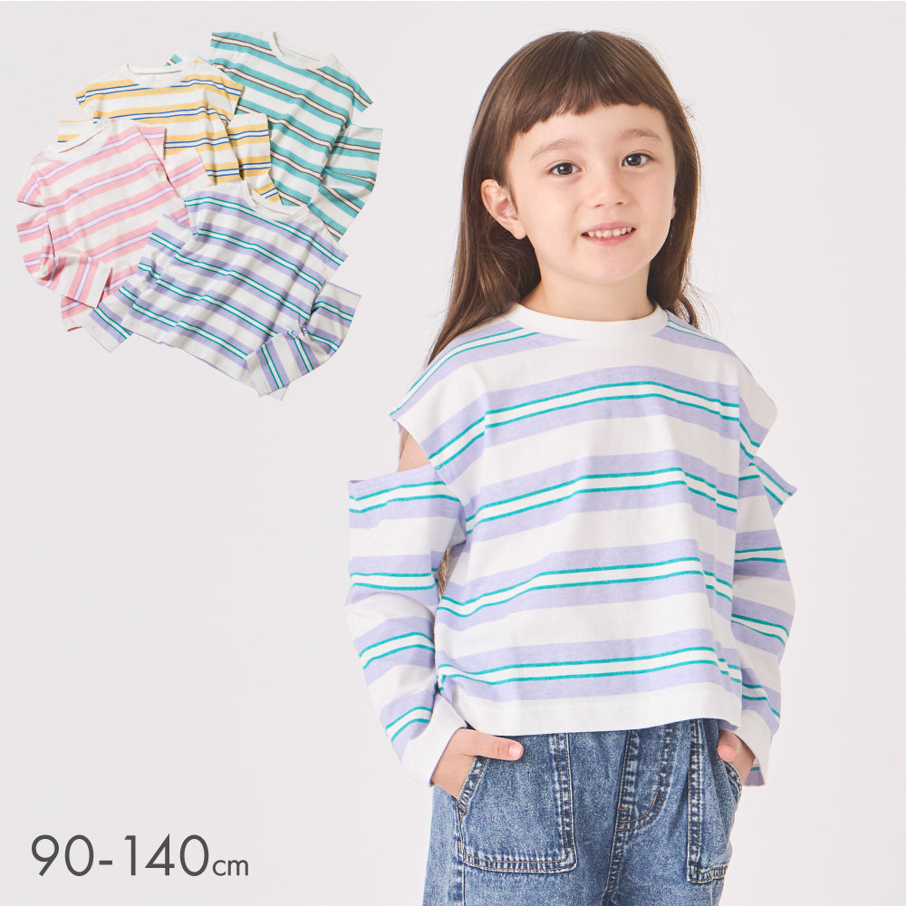 【夏割】 肩開き ボーダー 長袖Tシャツ