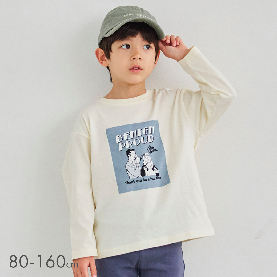 クリーム色 グラフィックプリント 長袖Tシャツ プリント長袖Tシャツ／子供服 子ども服 こども服 キッズ 長袖 男の子
