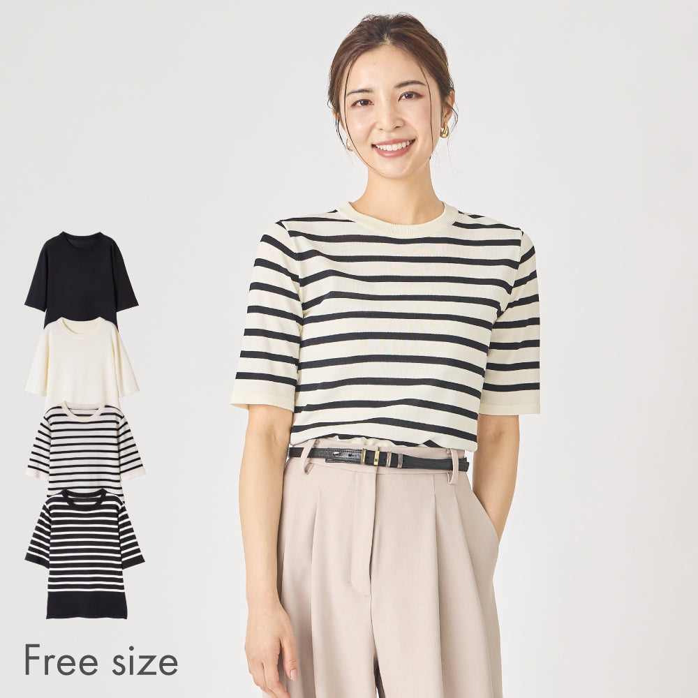【Ladies】５分袖 シアー ニットTシャツ
