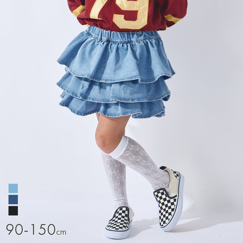 揺れる3段フリル デニムキュロット
