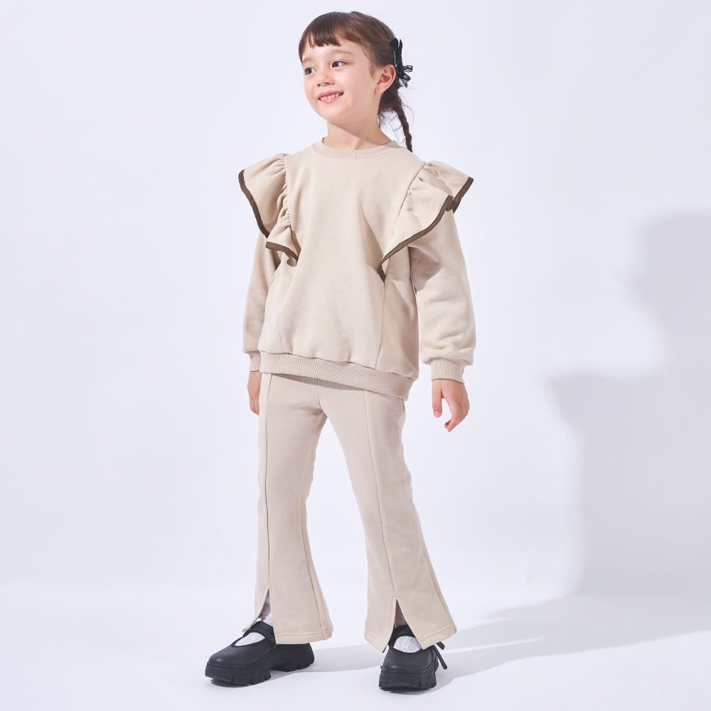 【かるぽか】美脚見え 裾スリット裏起毛フレアパンツ