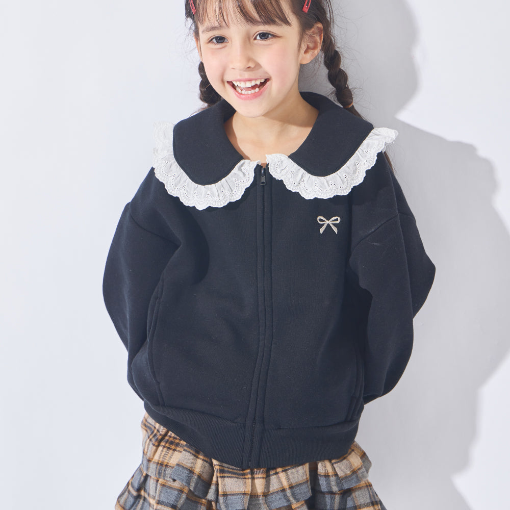 【かるぽか】襟フリルがきゅん 裏起毛ジップアップ
